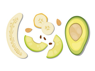 hand-drawn flat Lay, Food knolling style vector illustration of  ingredients isolated on white background. Banana , avocado, nuts, raisin, almond