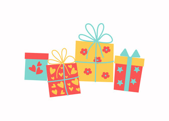 Gifts in boxes. Doodle drawings. Festive decor. Bright colored packaging with gifts for Birthday,  holidays. Vector illustration.