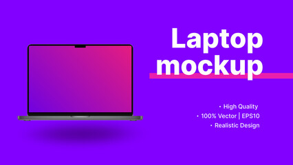 Laptop Advertisement Banner. Minicomputer Front View with Blank Screen Mockup. Minimalistic Purple Website Promotion. Vector illustration