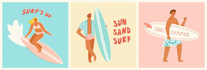 Young surfers holding surfboards and riding waves. Vector illustration of people enjoying surfing lifestyle. Banner or card design in trendy retro style.