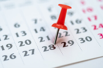 Red push pin on calendar 28th day of the month, mark the Event day with a Pin. Pin on calendar day...