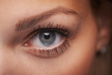 Closeup macro shot of human teenager female eye. Woman with natural face beauty makeup.