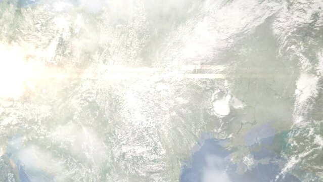 Earth zoom in from outer space to city. Zooming on Khmelnitsky, Ukraine. The animation continues by zoom out through clouds and atmosphere into space. Images from NASA