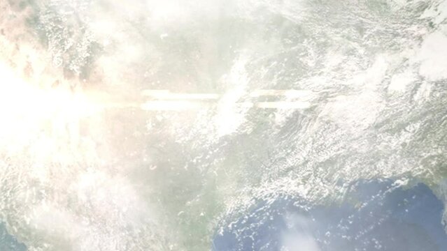 Earth zoom in from outer space to city. Zooming on McKinney, Texas, USA. The animation continues by zoom out through clouds and atmosphere into space. Images from NASA