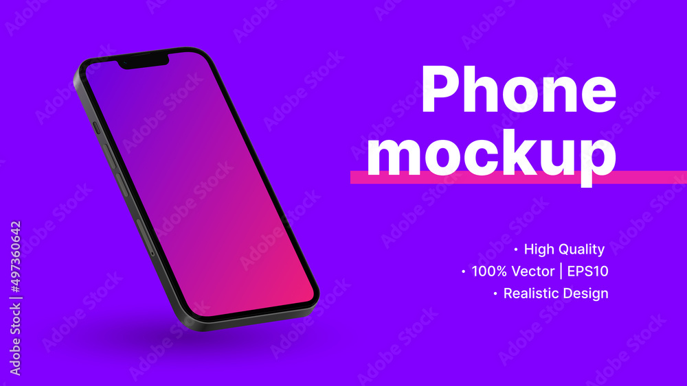 Poster violet phone mockup design for ui or application presentation. realistic smartphone in diagonal pers