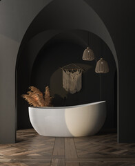 Contemporary minimalist black interior, parquet flooring, Scandi-Boho style. 3d rendering  © leymandesign