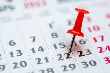 Red push pin on calendar 22th day of the month, mark the Event day with a Pin. Pin on calendar day...