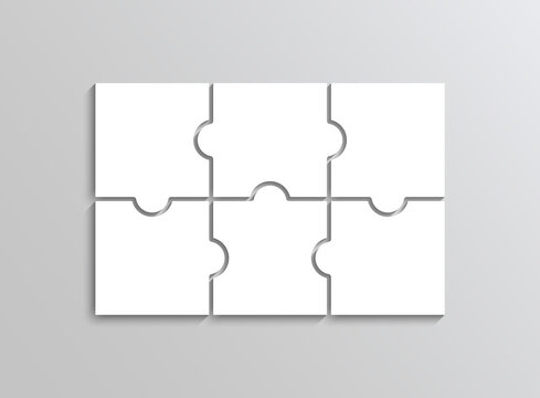 Puzzle pieces set. Jigsaw grid. Thinking mosaic game with separate details. Simple background with 6 shapes. Laser cut frame. Bussines banner. Vector illustration.