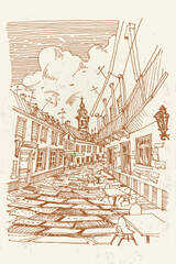 Hand drawn ink line sketch of street scene in Zagreb, Croatia.