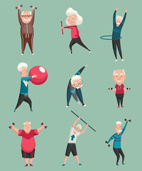 Old people exercises. Healthy active lifestyle of older people cartoon set. Elderly people doing morning gymnastics. Older people lead a healthy life. Sport and leisure