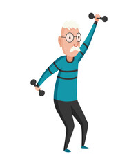Old people exercises. Healthy active lifestyle of older male. Elderly people doing morning gymnastic. Old man doing exercises with dumbells
