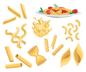 Pasta different kinds set. Italian food collection. Restaurant delicious menu illustration. Dry noodles and raw macaroni assortment. Italian cuisine, wheat flour products in different shapes