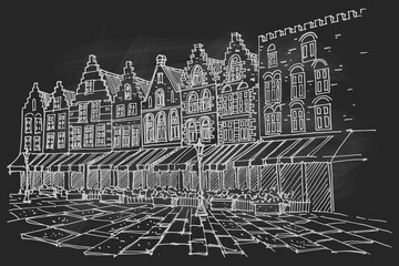 Fototapeta premium Vector sketch of Traditional architecture in the town of Bruges (Brugge), Belgium