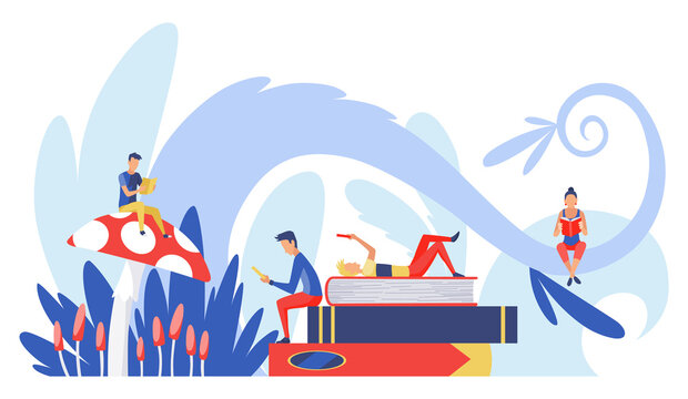 Read books concept. Young stylish male and female readers sitting on stack of giant books or beside it and reading. Literature fans or lovers. Colored illustration in contemporary style