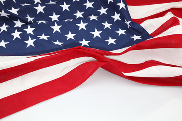 Closeup of American flag on white background. Copy space