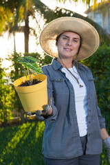 Woman holding a planted plant in a pot in the backyard of the house, Miramar, Florida, USA