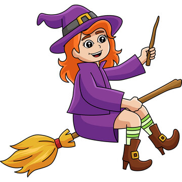 Witch Girl On A Broomstick Cartoon Colored Clipart