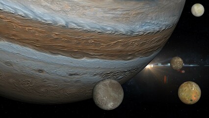 Jupiter ends retrograde motion , planet jupiter and galilean moons 3d illustration concept © SN