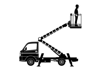 Silhouette of bucket truck. Aerial work platform with operator. Side view. Vector. - 497366437