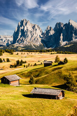 Alpe di Siusi - Seiser Alm- Langkofel mountain group. landscape of Alpine red autumn Alpe di Siusi. hiking nature scenery in dolomites. wooden chalets in Dolomites, Trentino Alto Adige © Zedspider