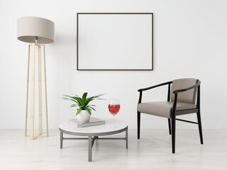 Modern living room with horizontal frame mockup, minimalist chair, floor lamp and decorated table. 3d rendering, interior design, 3d illustration