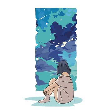 vector illustration of girl sitting and looking at the sky from the window	