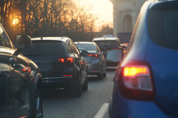 traffic. cars caught in the crowd. photo taken in the evening. people in traffic returning from work.