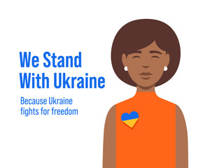 Stand with ukraine vector banner black woman with heart pin with colors of Ukrainian flag. Praying for ukraine.