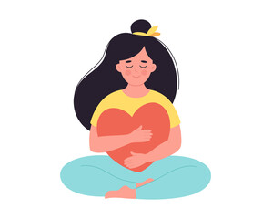 Woman hugging heart. Self love, positive emotion, mental health, freedom, happiness, mental wellbeing. Hand drawn vector illustration