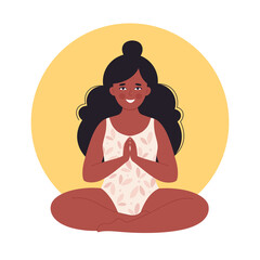 Black woman meditating in swimsuit. Healthy lifestyle, yoga, relax, breathing exercise. Hello summer. Hand drawn vector illustration