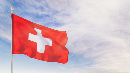 Switzerland flag on flagpole against blue cloudy sky - obrazy, fototapety, plakaty