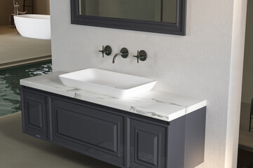 Close up of sink on marble with square mirror standing in on white wall, classic cabinet with chrome faucet in minimalist bathroom. Side view. 3d rendering
