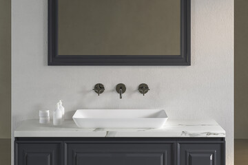 Close up of sink on marble with square mirror standing in on white wall, classic cabinet with chrome faucet in minimalist bathroom. front view. 3d rendering
