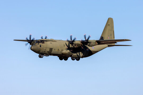 Luqa, Malta - April 2, 2022: Royal Air Force Lockheed Martin C-130J Hercules C5 (L-382) (REG: ZH889) landing for an overnight stop.