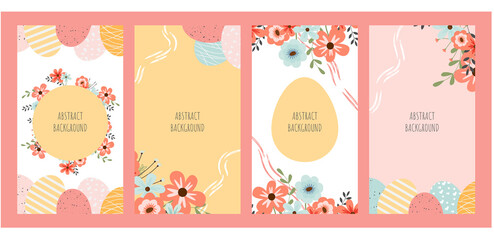 Fototapeta na wymiar Easter set. Bright Easter editable backgrounds for social media stories with illustrations of eggs and pretty flowers