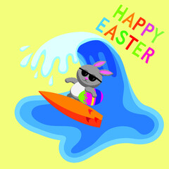 Cute cartoon style vector illustration of surfing Easter Bunny with Happy Easter message