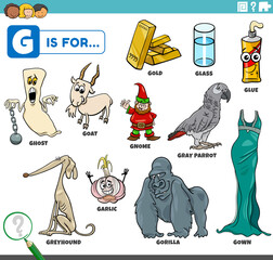 letter g words educational set with cartoon characters
