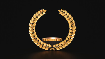 Wreath of success, wreath of laurel leaves, honor and success isolated on black background.  Gold color branch, badge and platform 3d rendering.
