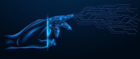 Printed circuit board coming from the finger of the hand. Polygonal design of interconnected elements. Blue background.