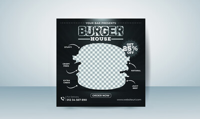 Restaurant burger and Culinary food promotion or burger social media post banner template hamburger online sale promotion web banner with abstract digital background