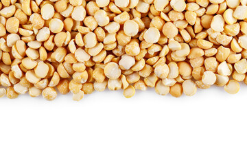 Dry Split Yellow Peas isolated in white background. Healthy Vegetarian or Vegan Food Texture.