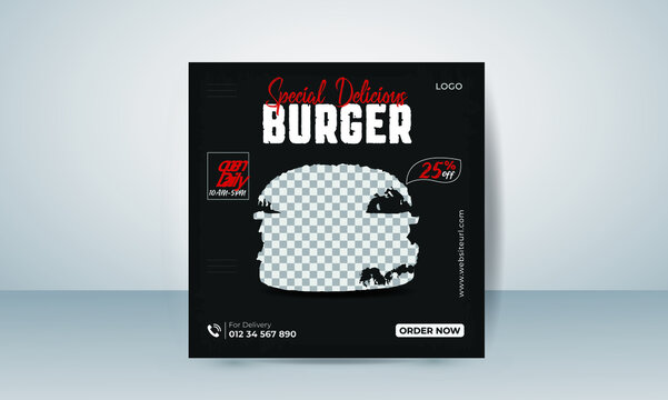 Modern Social media fast food burger promotion and Instagram post template design. suitable for online post restaurant and Culinary promotion simple banner frame