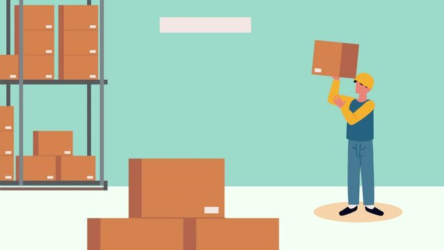 logistic service worker lifting boxes in warehouse