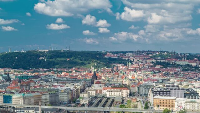 Panoramic view of Prague timelapse from the top of the Vitkov Memorial, Czech Republic