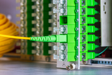 Fiber Optic Cable with Distribution Frame of Passive Optical Network Close-up