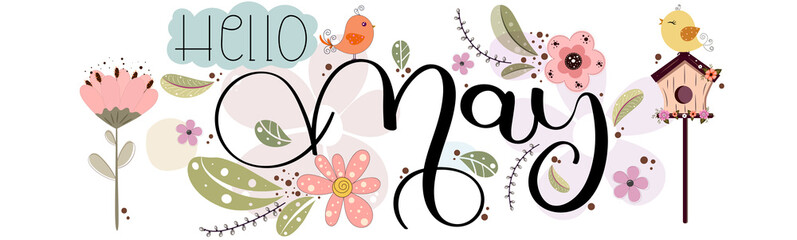 Hello May. MAY month vector hand lettering with flowers, birds and leaves. Decoration floral. Illustration month may	
