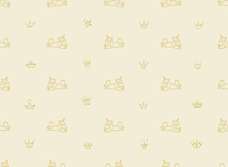 Cute golden unicorn horse and golden princess crowns, vector seamless pattern on beige background. Hand drawn line drawing. Wallpaper for a children's room, textiles, covers, paper packaging. - 497376436