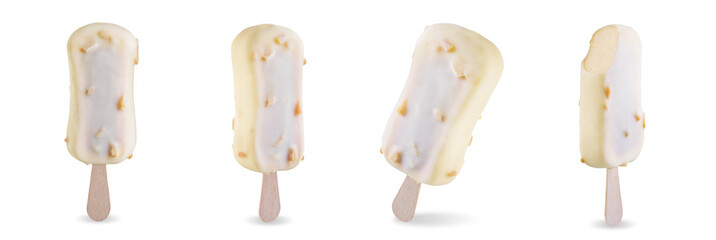 Vanilla ice cream with crispy nuts and white chocolate glaze on a stick on a white isolated background