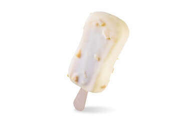 Vanilla ice cream with crispy nuts and white chocolate glaze on a stick on a white isolated background