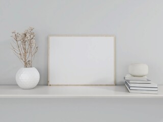 Blank horizontal frame mockup with books, plant and table decorations. 3d rendering, interior design, 3d illustration